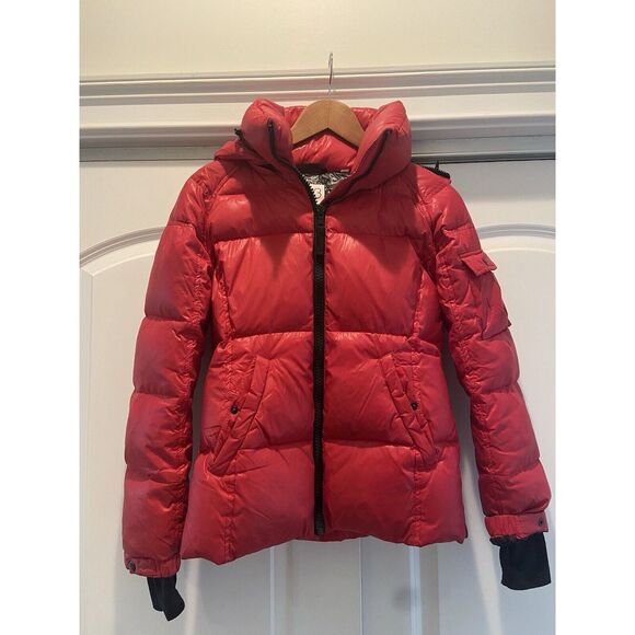 S13‎ New York Bright Red puffer Hooded Duck Down Jacket Coat women ladies SZ XS - Picture 2 of 8